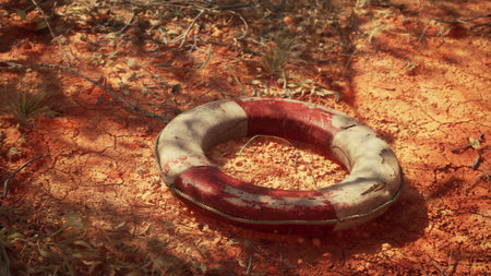 A lifebuoy lies abandoned on cracked soil, surrounded by sparse vegetation. The sun casts warm light...