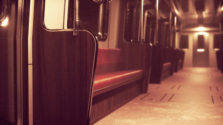 Dimly lit subway car, featuring polished wooden benches and a quiet ambiance, offers a unique...