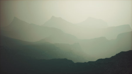 Layers of mountains fade into soft lines as dusk approaches. A tranquil haze blankets the landscape,...