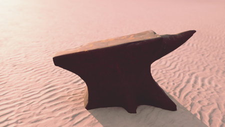 On a serene beach at sunset, a dark anvil rests on soft sand, casting long shadows. The gentle waves...