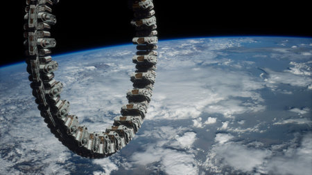 A massive circular space station floats gracefully above Earth, showcasing stunning views of...