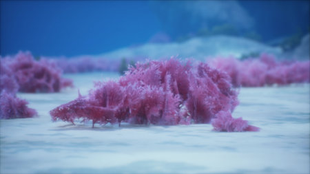 Bright pink coral formations thrive on the ocean floor, surrounded by clear blue water. Sunlight...