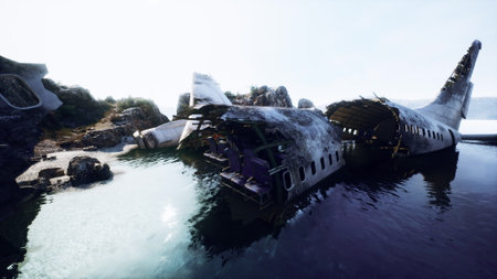An abandoned airplane wreck partially submerged in calm waters is surrounded by rugged rocks. Bright...