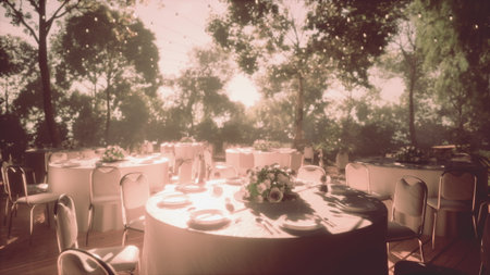 Tables adorned with white tablecloths and floral centerpieces create a beautiful dining scene in a...