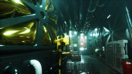 Inside a dimly lit corridor of a modern facility, bright lights accentuate metallic surfaces. Boxes...