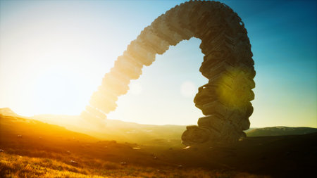 A magnificent stone arc towers over a golden landscape as the sun sets in the background. The scene captures the beauty of nature combined with striking architectural design.の写真素材