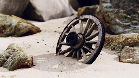 A weathered wooden wheel lies partially buried in soft sand, nearby rough rocks add contrast. The...