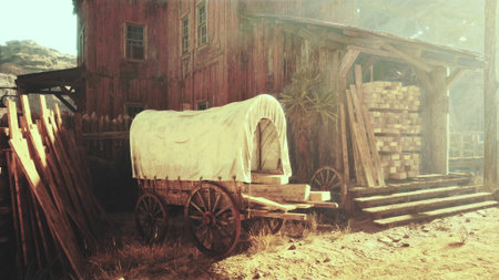 Nestled in a sunlit desert, a wooden wagon with a white cover stands beside a rustic barn. Stacks of timber and a dusty path hint at a lively past in this serene landscape.の写真素材
