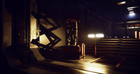 Low lit corridor features stark shadows, illuminated by bright fixtures. The industrial design,...