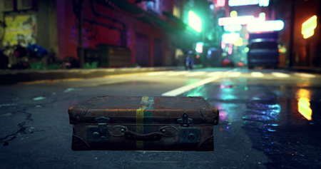 A weathered suitcase rests on a slick, rain drenched street, illuminated by colorful neon lights. The urban backdrop adds an intriguing atmosphere to this abandoned item.の写真素材