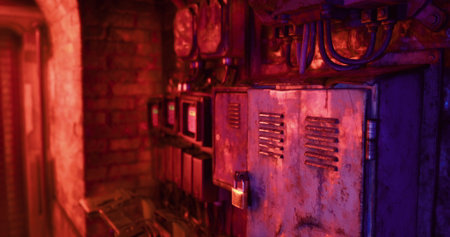 A narrow urban alleyway is lined with old electrical panels. Neon lights cast vibrant hues of red and purple, creating a moody, atmospheric setting typical of city nightlife.の写真素材