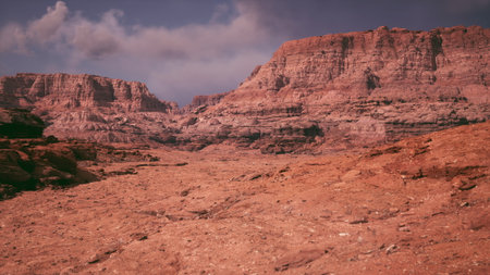 An expansive view of rugged red rock formations under a partly cloudy sky showcases the natural beauty of a remote desert area. The terrain appears dry and vast, evoking a sense of wilderness.の写真素材