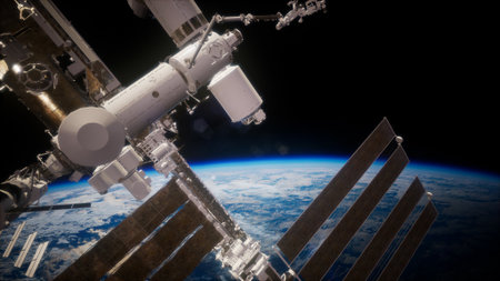 A breathtaking view captured from the perspective of a space station orbiting Earth. The blue planet...