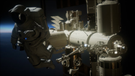 Amid the vastness of space, an astronaut floats gracefully in their suit outside the international...