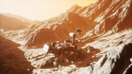 Curiosity Rover navigates the rugged Martian terrain under a warm orange sky, capturing the essence...
