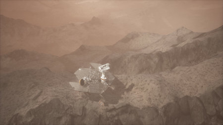 Amidst the breathtaking terrain of Mars, Opportunity rover navigates rocky hills under a dusty sky. Its mission is to uncover ancient secrets and study the planet's geology.の写真素材