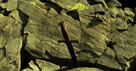 Amidst rugged boulders illuminated by the fading light of dusk, a weathered sword stands firmly...
