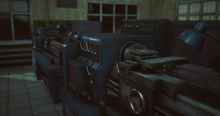 Neglected machinery in a dimly lit workshop creates an eerie atmosphere. The aged equipment hints at...
