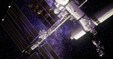 The International Space Station orbits the Earth, illuminated by sunlight. In the background,...