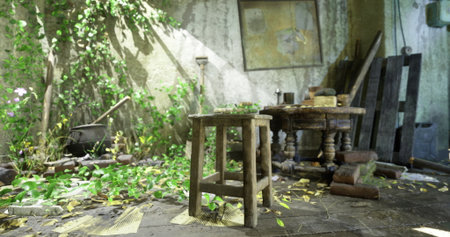 A small wooden stool sits beside a round table in a neglected interior filled with greenery. Sunlight filters in through the window, illuminating scattered debris and plants.の写真素材