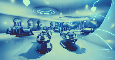 Inside a modern wellness center, sleek therapy pods are arranged in an inviting layout. The soft...