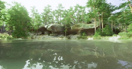 Lush greenery surrounds a peaceful body of water reflecting rocky formations. Sunlight filters through the trees, creating a tranquil atmosphere in a natural setting.の写真素材