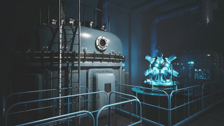 Inside a futuristic laboratory, large blue tanks and a glowing device are surrounded by railing,...