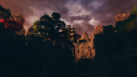 An Asian temple stands majestically among rugged mountains at twilight. The dramatic clouds and colorful trees enhance the mystical ambiance of this serene location.の写真素材