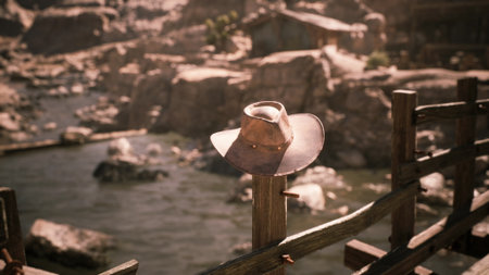 A cowboy hat rests on a wooden post by a calm river. The warm light of sunset casts a beautiful glow over the rocky landscape in the background, creating a serene atmosphere.の写真素材