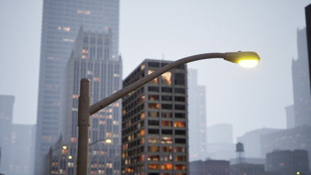 In a bustling city during twilight, streetlights illuminate the surroundings as the tall buildings tower above. The atmosphere is vibrant yet serene, hinting at evening activities.の写真素材