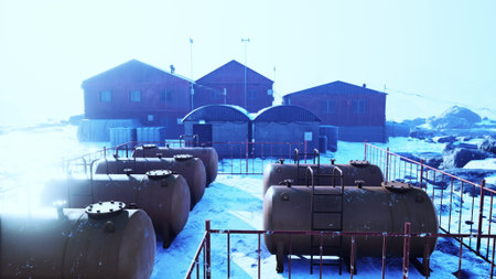 In a remote, snowy setting, storage tanks are lined up in front of rustic buildings. The clear sky contrasts with the rugged terrain, highlighting the isolation of this industrial site.の写真素材
