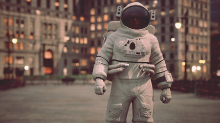 Suspended between dimensions, an astronaut stands among towering buildings, bathed in twilight. Eerie shadows dance as they explore a strange, illuminated urban environment filled with mystery.の写真素材