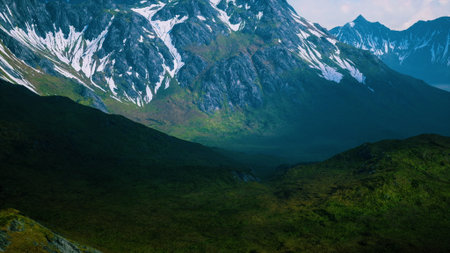 Vast emerald valleys blend seamlessly with towering peaks adorned in glistening snow. Sunlight...