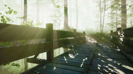 A wooden bridge stretches across a tranquil forest path, surrounded by radiant beams of sunlight piercing through the misty air. The lush greenery envelops the scene, enhancing the calm atmosphere.の写真素材