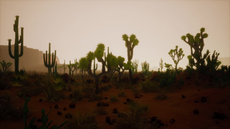 In the warm glow of dusk, a vast desert scene unfolds with various cacti dotting the rugged terrain....