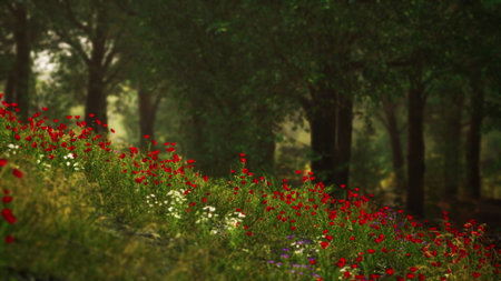 Bright red wildflowers scatter across a grassy slope under the gentle shade of tall trees. Soft light filters through the leaves, creating a peaceful atmosphere in nature.の写真素材