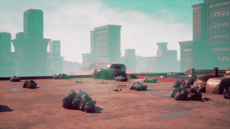 A stunning view of a distant futuristic city amidst rocky ground. Soft colors reflect in the sky as structures rise in the background, creating an otherworldly atmosphere.の写真素材