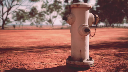 A white fire hydrant stands alone on cracked red earth, surrounded by sparse trees. The sun casts soft shadows, creating a peaceful scene in a rural area.の写真素材