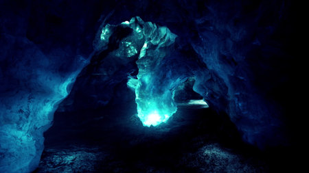 Visitors venture through a mesmerizing ice cave, surrounded by captivating blue lights reflecting...