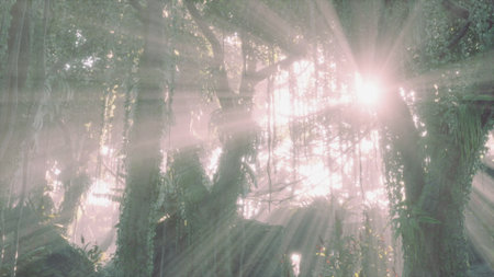 Bright rays of sunlight break through the dense trees of a vibrant rainforest. The scene feels alive with warmth and the beauty of nature, inviting exploration and wonder.の写真素材
