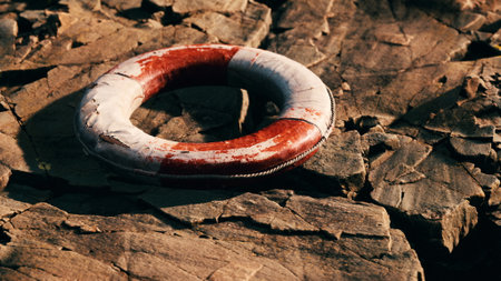 A weathered life buoy lies on dry, cracked ground, showcasing the struggle between water and land. The scene symbolizes resilience and the impact of changing environments on safety.の写真素材
