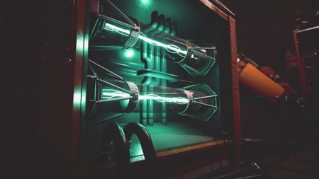 Bright neon lights pulse from a vintage electronic device in a dark room. The scene evokes a sense of mystery and nostalgia as glowing tubes reveal intricate details within.の写真素材