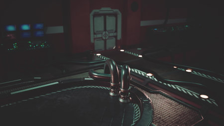 Inside a high tech control room, illuminated by the soft glow of screens, sleek surfaces meet shadows. The space combines modern design with a sense of adventure and mystery.の写真素材