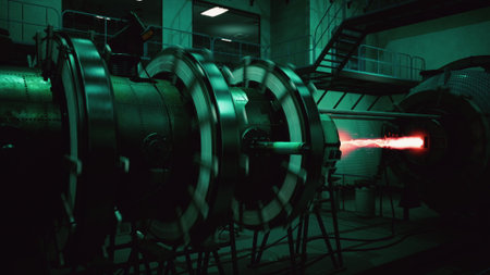 In a darkened laboratory, an advanced machine generates a vibrant red energy beam. The architecture...
