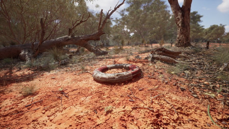 A life ring lies forgotten on the dry, cracked earth of a deserted area. Surrounding trees and scattered vegetation create a stark contrast against the vibrant orange soil under the bright sky.の写真素材