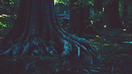 Sunlight filters through tall trees, illuminating the knotted roots of an old tree. The forest feels alive with vibrant shades of green and shadows, creating a magical atmosphere.の写真素材