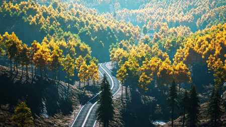 A beautiful winding road snakes through a vibrant forest adorned with golden autumn leaves. Sunlight filters through the trees, creating a magical atmosphere. Tranquility and nature surround.の写真素材