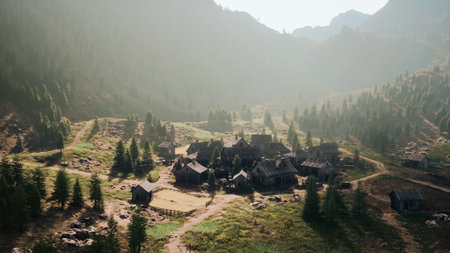 Nestled among towering mountains, a serene village comes to life in the soft glow of dawn. Wooden houses sit peacefully, surrounded by lush greenery and rocky paths.の写真素材