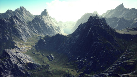 Breathtaking view of a mountain range under a bright sky showcases towering peaks and lush valleys. Sunlight enhances the natural beauty, inviting exploration and adventure in nature.の写真素材