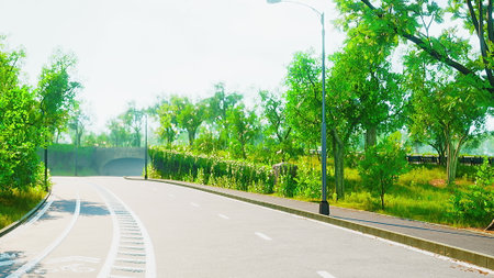 Bright sunshine illuminates a tranquil road surrounded by vibrant trees. The peaceful scene invites visitors to stroll or bike along the winding path, embracing natures beauty.の写真素材
